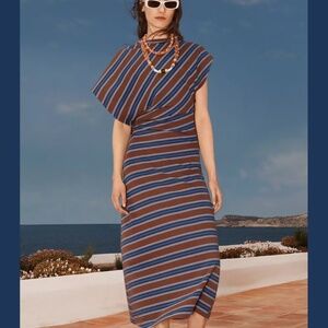 Zara Striped Dress Asymmetrical Limited Edition Brown Blue 100% Cotton Medium